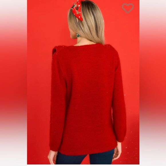 Red Dress Boutique Fire Away Ruby Red Sweater Ruffle Front Metallic Trim M - Picture 5 of 12